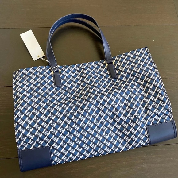 Tory Burch Ella Nylon Mixed Print Tote Navy Crimson Red Geo Logo - Picture 4 of 8